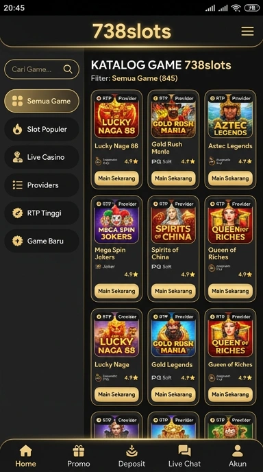 Tampilan katalog aplikasi 738slots