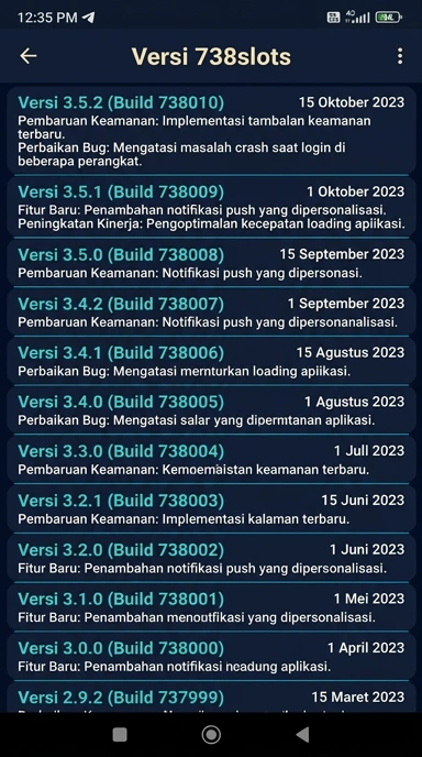 Tampilan riwayat versi 738slots