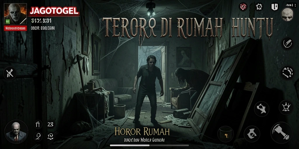 Antarmuka JAGOTOGEL menampilkan suasana rumah hantu yang menyeramkan.